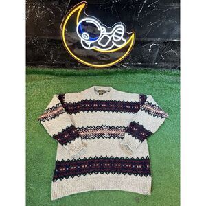 VTG Eddie Bauer Beige & Multi-Color Pattern Wool Sweater Mens Size M Made in USA